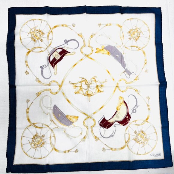 Unused Celine Paris Mini Scarf/Handkerchief Cotton 18 white chariot blue trim(59 - Picture 6 of 7